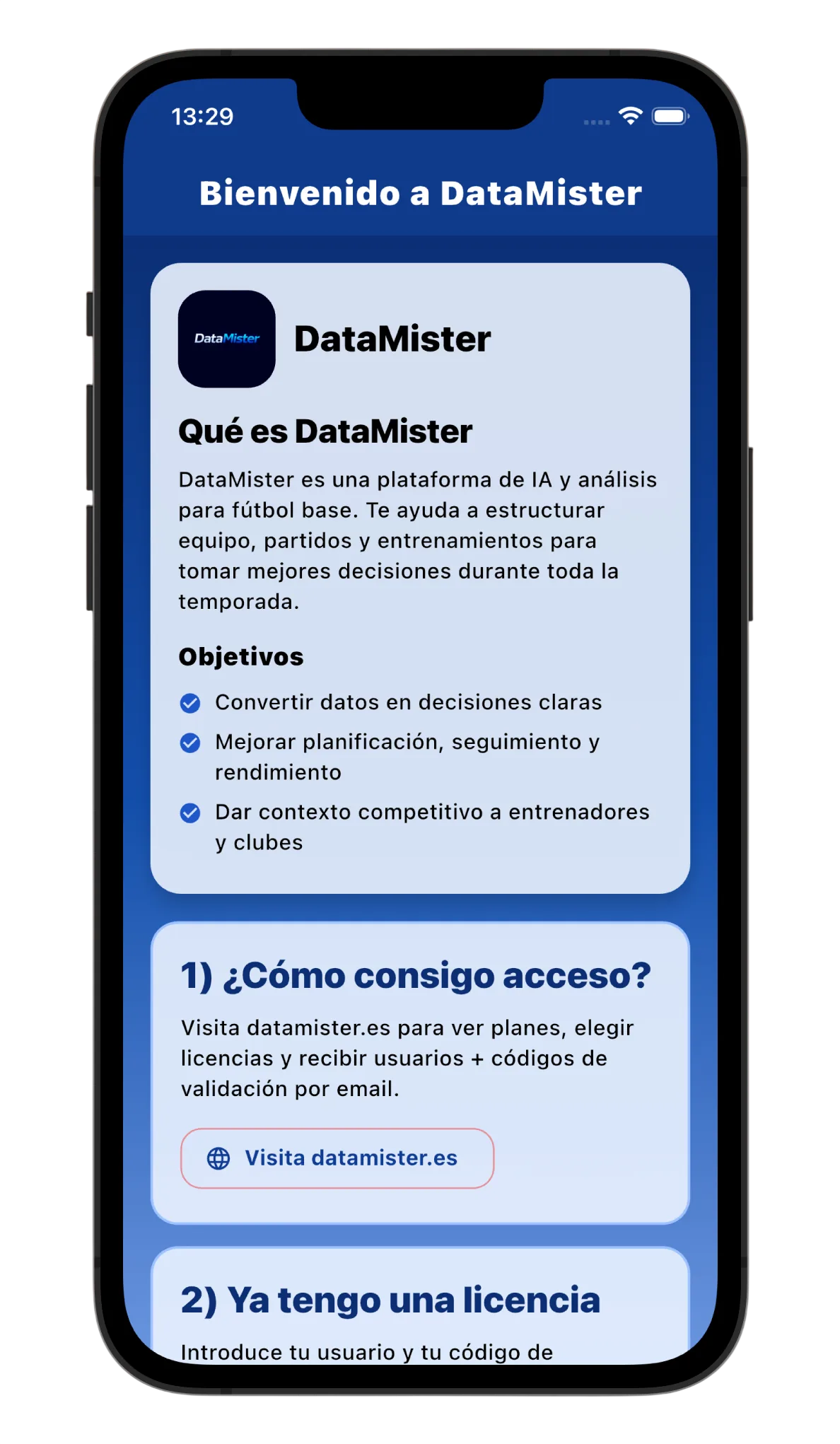 Pantalla inicial de DataMister antes de validar una licencia